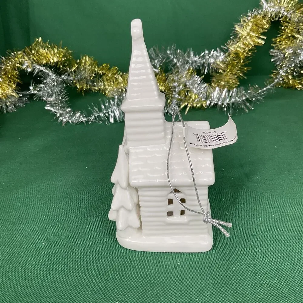 White Ceramic Light Up Church Christmas Ornament LED Glowing Chapel Pine Trees